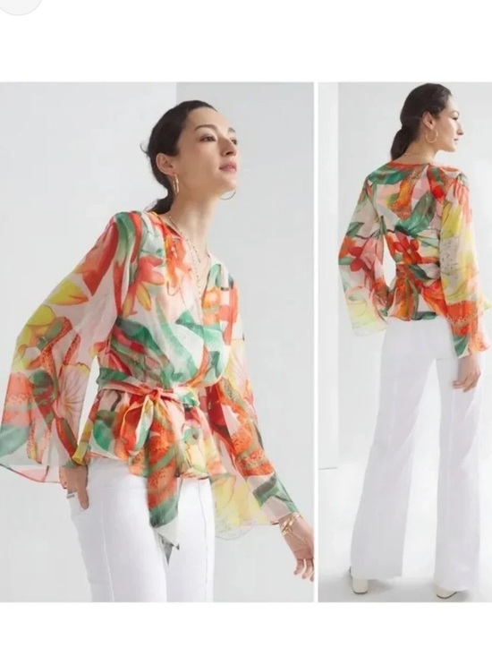 White House Black Market Tops - White House Black Market V-Neck Sheer Floral Top - Orange, Green, Red, Cream